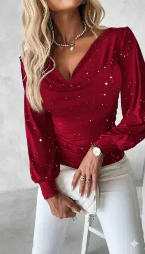 Women's Long Sleeve Boat Neck Stone Detailed Sandy Blouse - 2