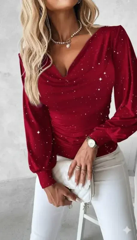 Women's Long Sleeve Boat Neck Stone Detailed Sandy Blouse - 2