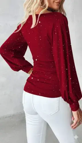 Women's Long Sleeve Boat Neck Stone Detailed Sandy Blouse - 3