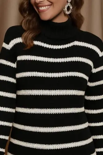 Women's Long Sleeve Boat Neck Striped Sonya Yarn Mini Knit Dress (beltless) - BÜYÜKBEDENIZ (1)