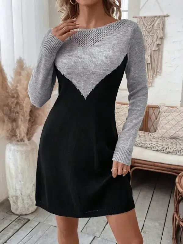 Women's Long Sleeve Boat Neck two Color Mini Knitted Dress - 2