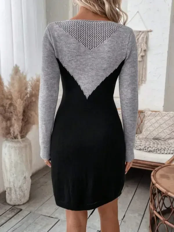 Women's Long Sleeve Boat Neck two Color Mini Knitted Dress - 5