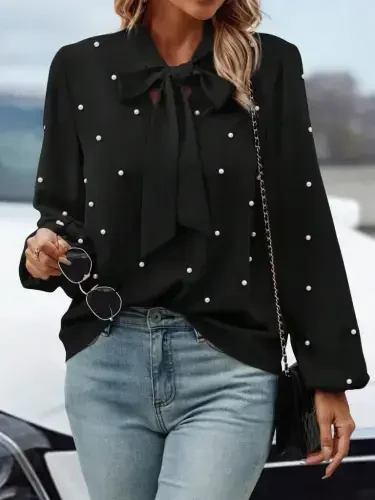 Women's Long Sleeve Bow Tie Neck Pearl Detailed Imported Crepe Blouse - 2