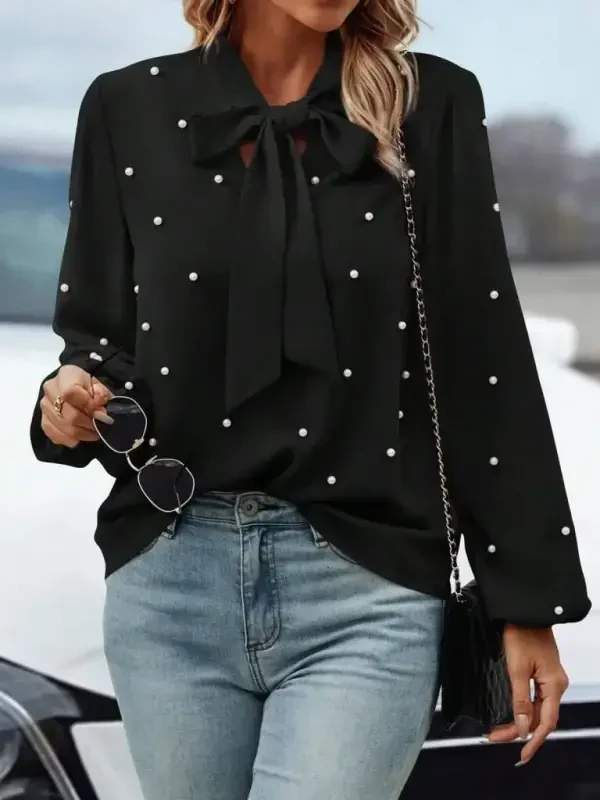Women's Long Sleeve Bow Tie Neck Pearl Detailed Imported Crepe Blouse - 2