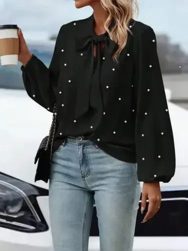 Women's Long Sleeve Bow Tie Neck Pearl Detailed Imported Crepe Blouse - 3