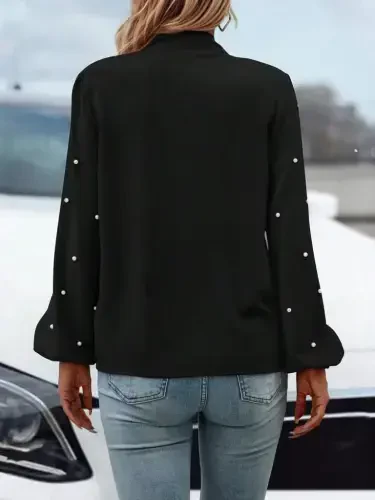 Women's Long Sleeve Bow Tie Neck Pearl Detailed Imported Crepe Blouse - 4