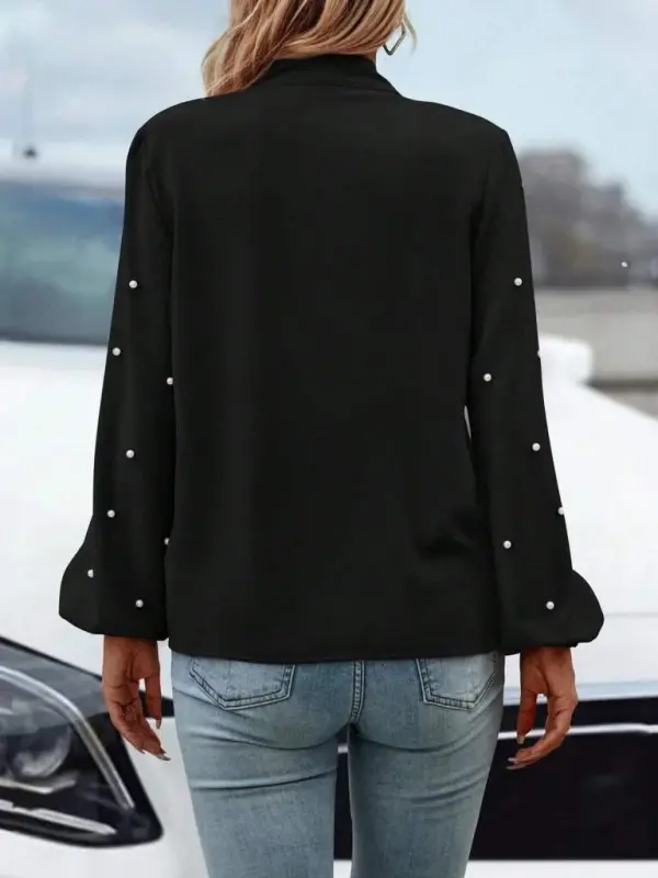 Women's Long Sleeve Bow Tie Neck Pearl Detailed Imported Crepe Blouse - 4