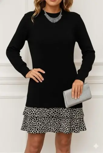 Women's Long Sleeve Brushed Top Ribbed Knit Bottom Supreme Patterned Dress - 1