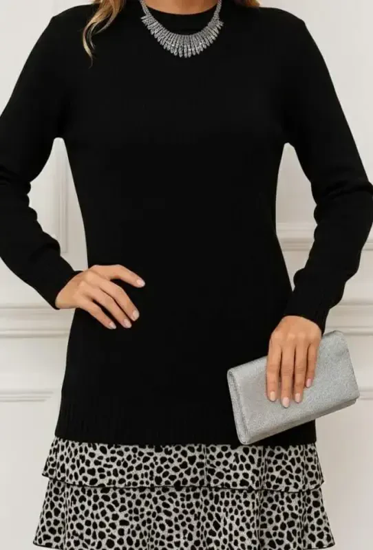 Women's Long Sleeve Brushed Top Ribbed Knit Bottom Supreme Patterned Dress - 2