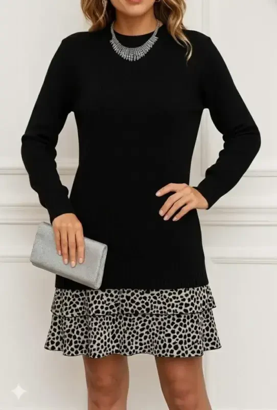 Women's Long Sleeve Brushed Top Ribbed Knit Bottom Supreme Patterned Dress - 3