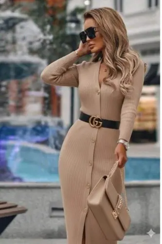 Women's Long Sleeve Button Detail Knit Ribbed Fabric Belt Included Maxi Size Dress - 1