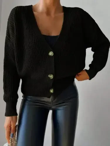 Women's Long Sleeve Button Detail Knitted Cardigan - 1