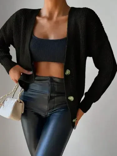 Women's Long Sleeve Button Detail Knitted Cardigan - 4