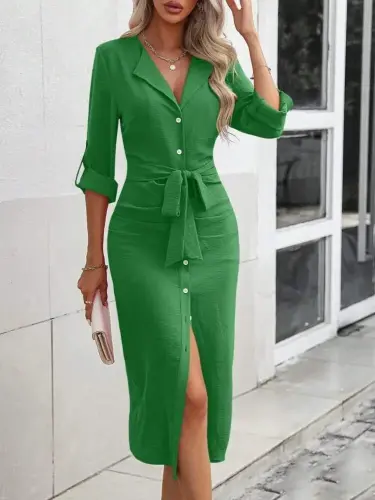 Women's Long Sleeve Button-Down Belted Aerobin Midi Dress - 1