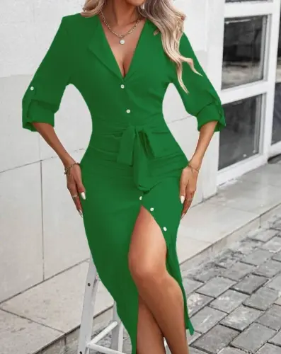 Women's Long Sleeve Button-Down Belted Aerobin Midi Dress - BÜYÜKBEDENIZ (1)