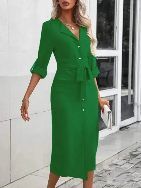 Women's Long Sleeve Button-Down Belted Aerobin Midi Dress - 4