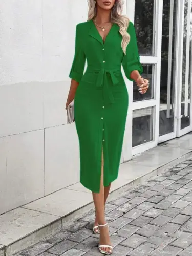 Women's Long Sleeve Button-Down Belted Aerobin Midi Dress - 5