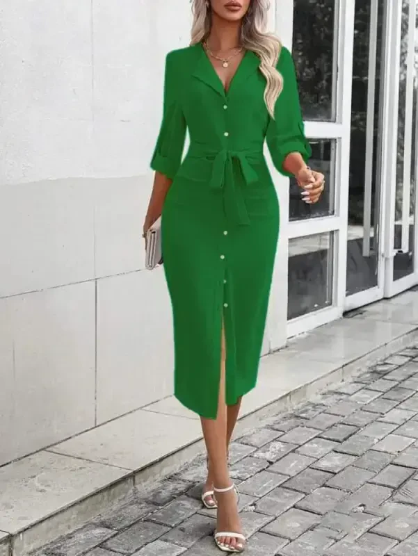 Women's Long Sleeve Button-Down Belted Aerobin Midi Dress - 5