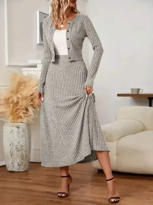 Women's Long Sleeve Button-Down Blouse And High Waist A-Line Long Skirt Brushed Rib Knit Two Piece Set - 1