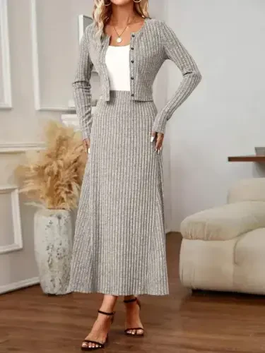 Women's Long Sleeve Button-Down Blouse And High Waist A-Line Long Skirt Brushed Rib Knit Two Piece Set - 4