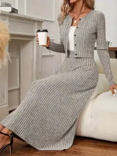 Women's Long Sleeve Button-Down Blouse And High Waist A-Line Long Skirt Fleece-Lined Rib Knit Two Piece Set - 2