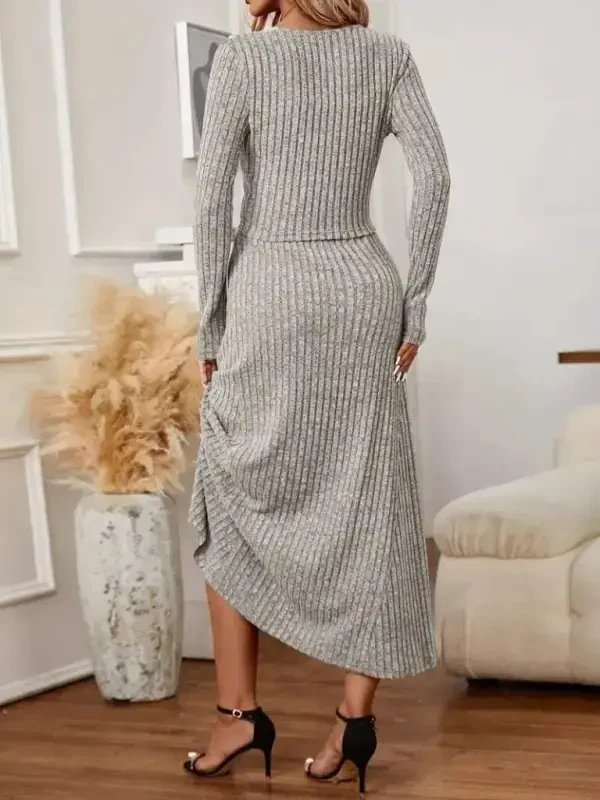 Women's Long Sleeve Button-Down Blouse And High Waist A-Line Long Skirt Fleece-Lined Rib Knit Two Piece Set - 3