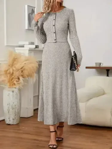 Women's Long Sleeve Button-Down Blouse And High Waist A-Line Long Skirt Fleece-Lined Rib Knit Two Piece Set - 5