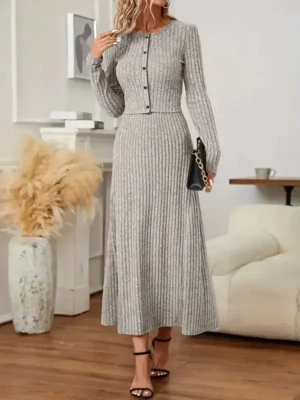 Women's Long Sleeve Button-Down Blouse And High Waist A-Line Long Skirt Fleece-Lined Rib Knit Two Piece Set - 5