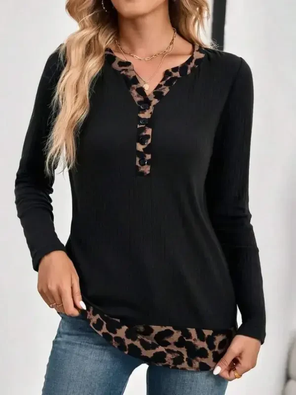 Women's Long Sleeve Button-Down Leopard Detail Ribbed Blouse - 2