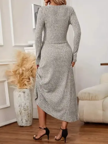 Women's Long Sleeve Button Front Blouse And High Waist A-Line Long Skirt Brushed Ribbed Two Piece Set - 3