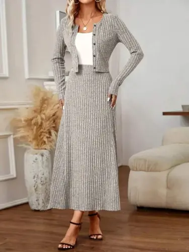 Women's Long Sleeve Button Front Blouse And High Waist A-Line Long Skirt Brushed Ribbed Two Piece Set - 4