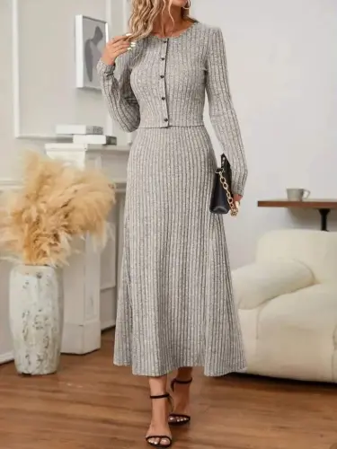 Women's Long Sleeve Button Front Blouse And High Waist A-Line Long Skirt Brushed Ribbed Two Piece Set - 5