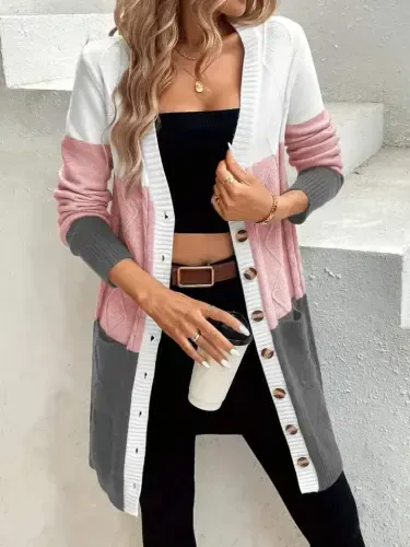 Women's Long Sleeve Button-Front Cardigan with Pockets, Mixed Colors Knitted - 1