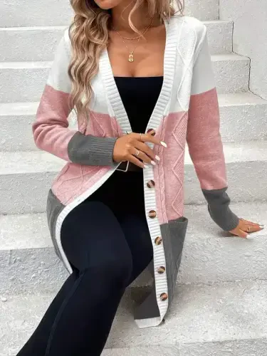 Women's Long Sleeve Button-Front Cardigan with Pockets, Mixed Colors Knitted - 3