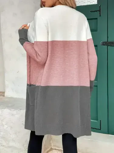Women's Long Sleeve Button-Front Cardigan with Pockets, Mixed Colors Knitted - 4