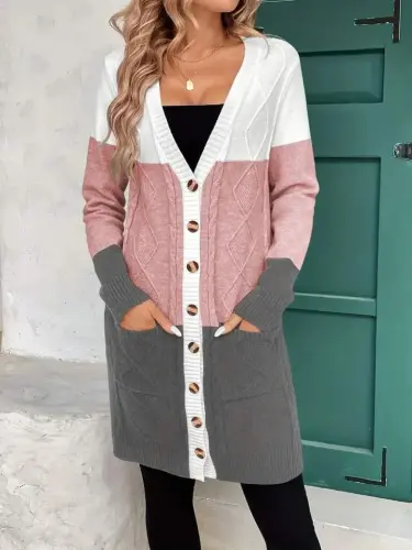 Women's Long Sleeve Button-Front Cardigan with Pockets, Mixed Colors Knitted - 2