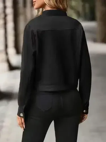 Women's Long Sleeve Button-Front Short Suede Jacket - 3