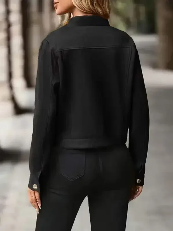 Women's Long Sleeve Button-Front Short Suede Jacket - 3