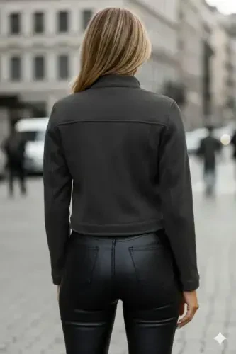 Women's Long Sleeve Button Front Suede Cropped Jacket - BÜYÜKBEDENIZ (1)