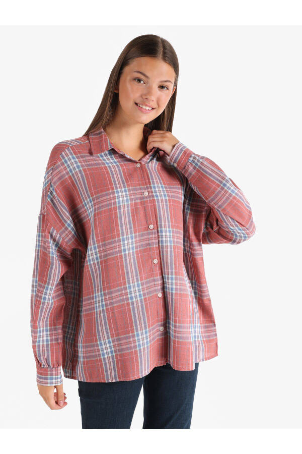 Women's long sleeve, checkered orange, regular fit shirt. - 1