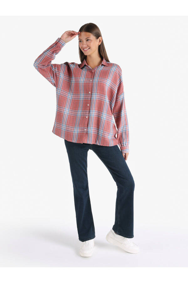 Women's long sleeve, checkered orange, regular fit shirt. - 3