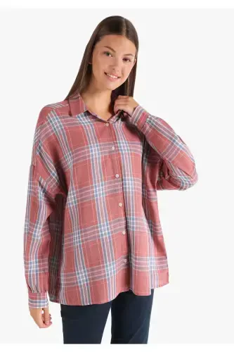 Women's long sleeve, checkered orange, regular fit shirt. - 1