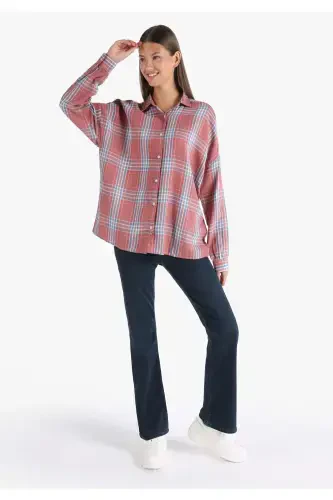 Women's long sleeve, checkered orange, regular fit shirt. - 3