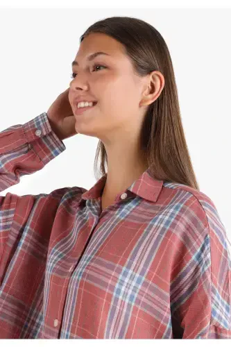 Women's long sleeve, checkered orange, regular fit shirt. - 4