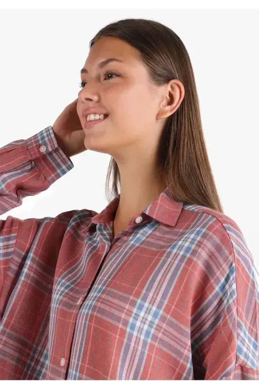 Women's long sleeve, checkered orange, regular fit shirt. - 4