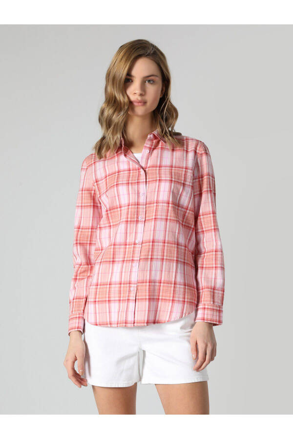 Women's long sleeve, checkered, pink, regular fit shirt. Cl1061880 - 4