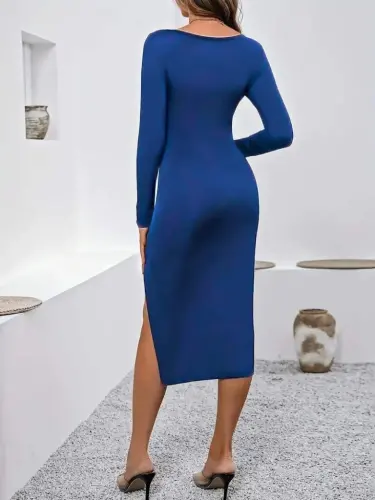 Women's Long Sleeve Chest and Belly Decollete Detail Sandy Midi Dress - 3
