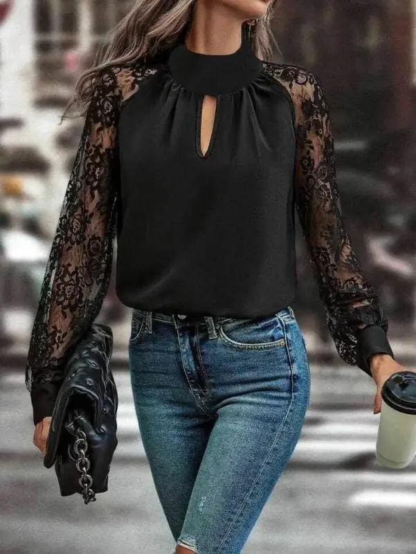 Women's Long Sleeve Chest Cut-out Detail Turtleneck Sandy Blouse with Tulle Sleeves - 1
