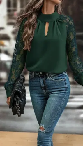Women's Long Sleeve Chest Cutout Detail Turtleneck Sandy Blouse with Tulle Sleeves - 4