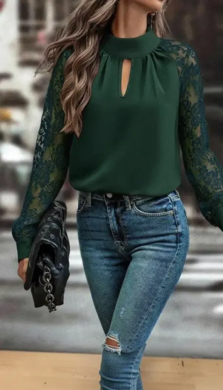 Women's Long Sleeve Chest Cutout Detail Turtleneck Sandy Blouse with Tulle Sleeves - 4